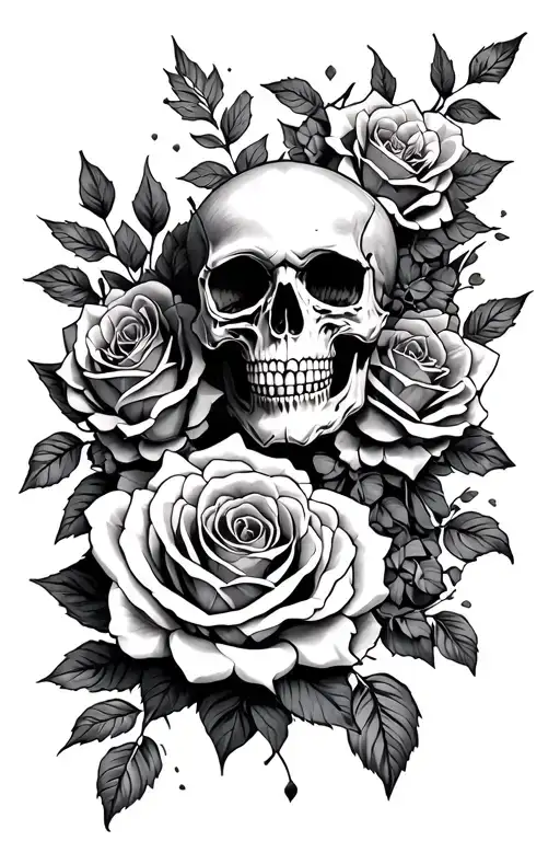 Skull Warrior Battling Roses Blooming