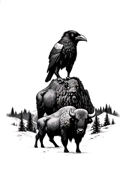 Mountain Scene With Buffalo And Ravens