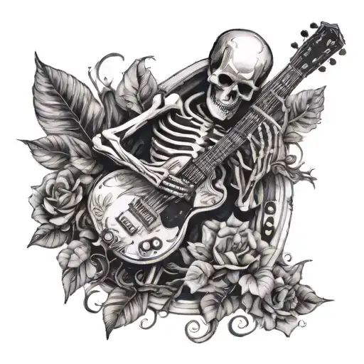 A Skeleton Playing A Guitar Surrounded By Music Notes And Plant Leaves