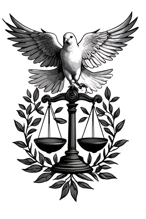 Scales Of Justice Surrounded By Olive Branches And A Descending Dove On Top Of The Scales