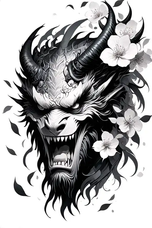 Japanese Demon And Blossom Petals Falling