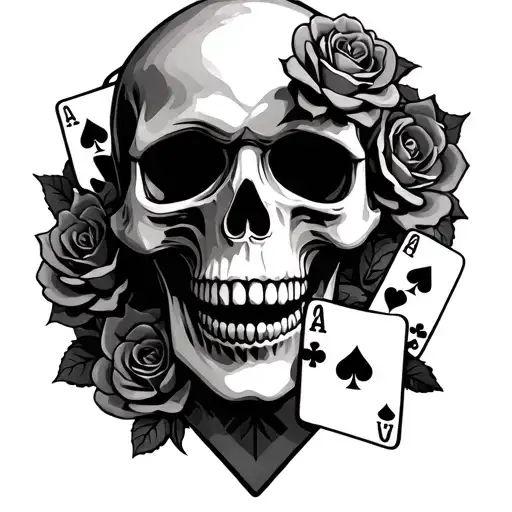 Skull With Roses Around The Head With Poker Cards