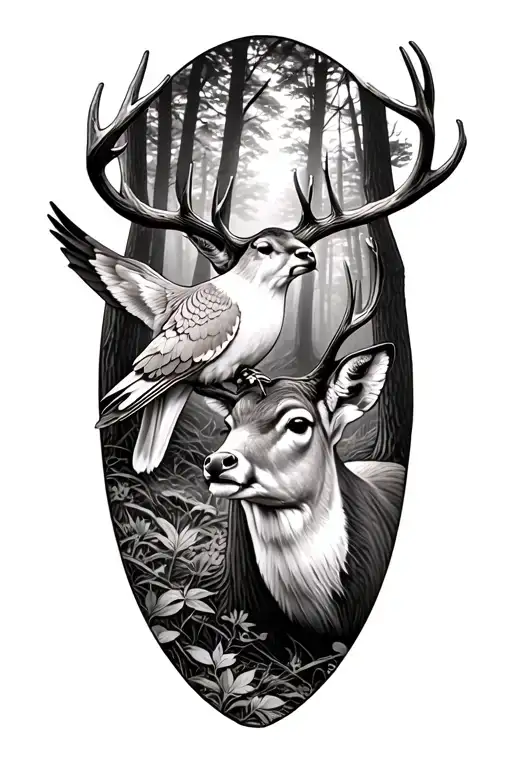 Dove And Whitetail Deer With Woods Background