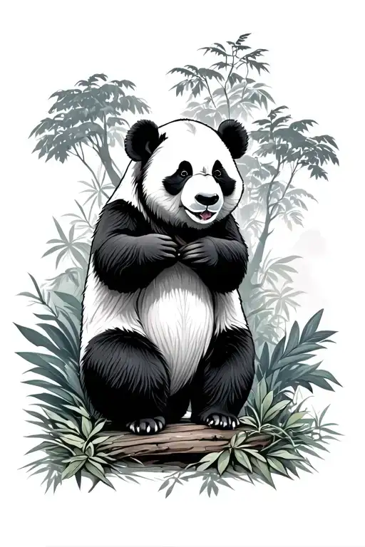 Panda In Jungle Forest With Trees