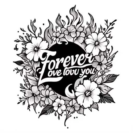 Tattoo For Thigh Fire With Flowers Around Exotic Back Round With The Words Forever Love You