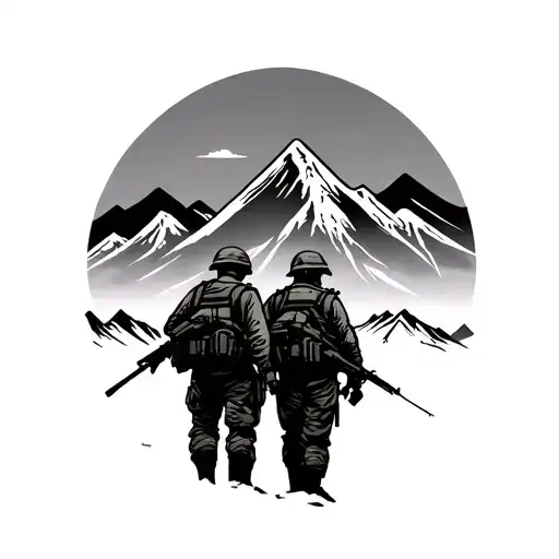 Two Soldiers Silhouettes Overlooking Korean Mountain Range