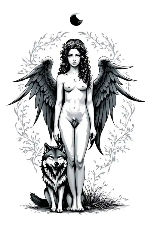 Woman Standing Figure With Wings And A Half Moon Above The Head And A Wolf Sit Beside
