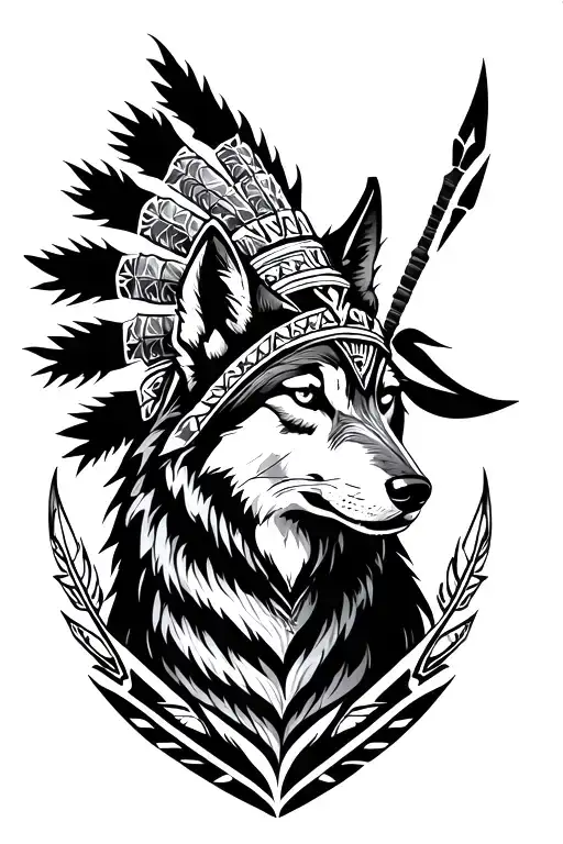Tribal Leg Sleeve Tattoo Featuring A Wolf With A Headdress And Arrowheads Forming A Border