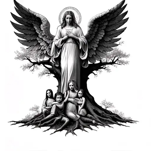 A Family Of 4 At The Foot Of A Huge Tree From Which An Angel Emerges