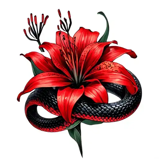 Red Spider Lily Flower With A Black Stem And A Snake Black And Red Snake Wrapping Around The Flower