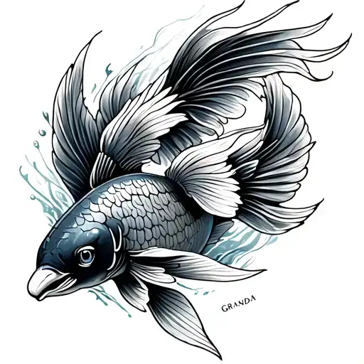 Koi Fish With Kingfisger Bird Grandad Hand Writing