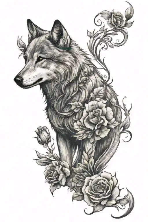 Wolf Blended By Roses Mayflowers