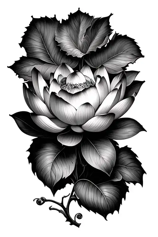 A Lotus Flower Attached To The Vine In Black And Grey