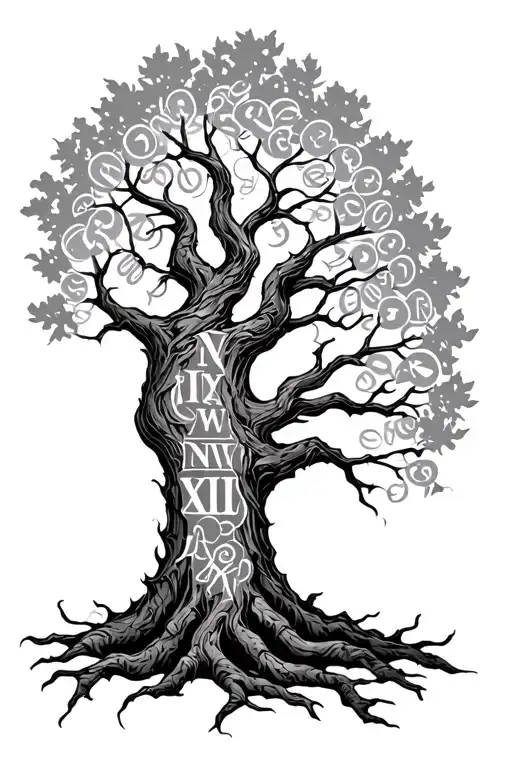A Tattoo Of A Tree Made Out Of Roman Numerals Surrounded