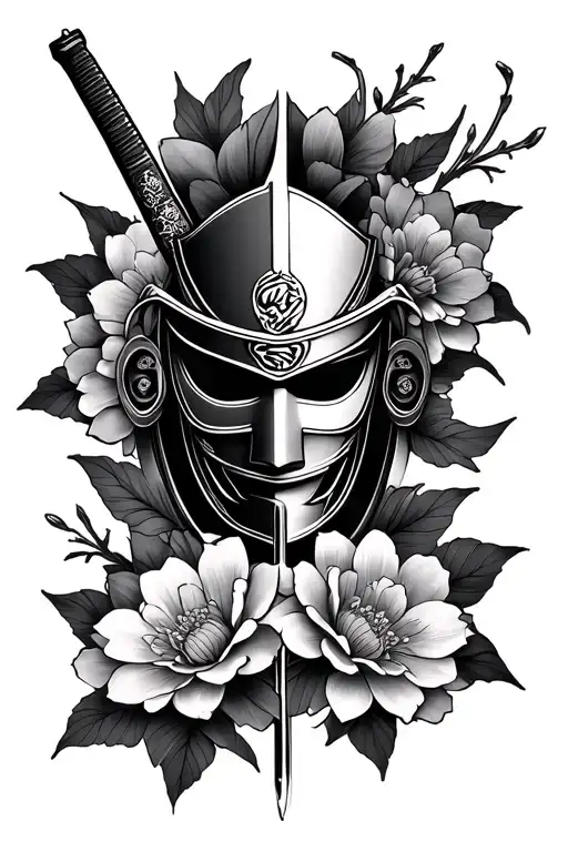 Katana With Samurai Mask Cut Into Two Japanese Flowers