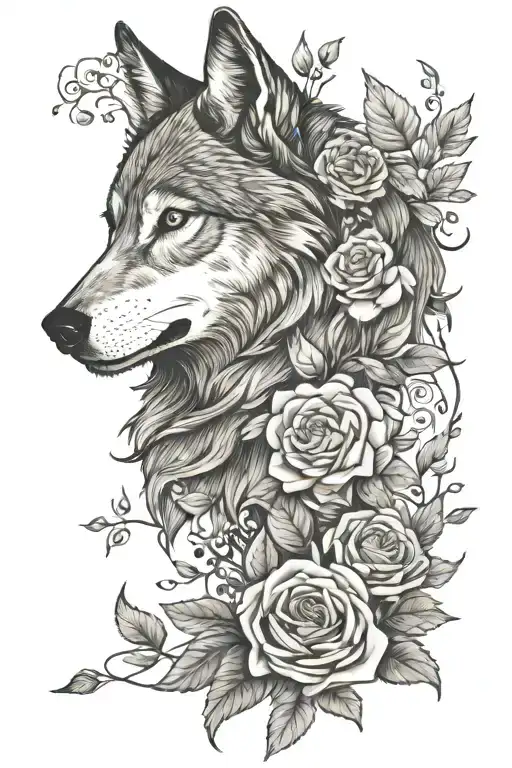 Wolf Blended By Roses And Mayflowers