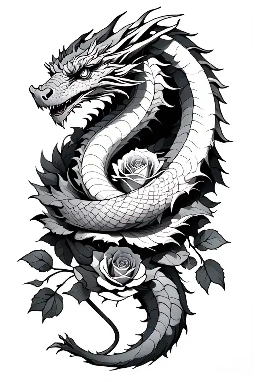 Dragon Wrapped Around Rose Intertwined