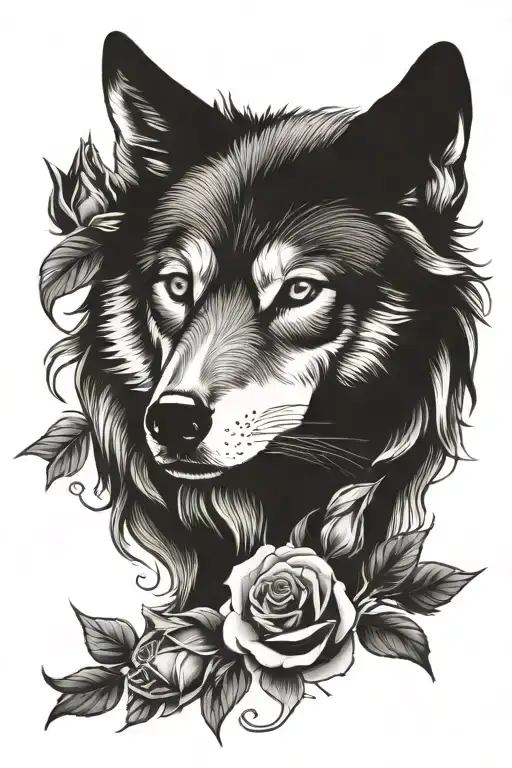 Wolf Blended By Roses And Mayflowers