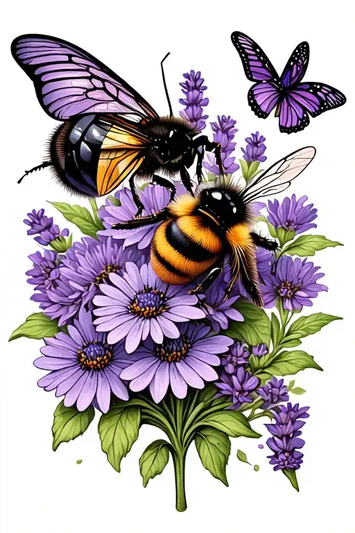 Lavender With A Bee And A Butterfly Perched