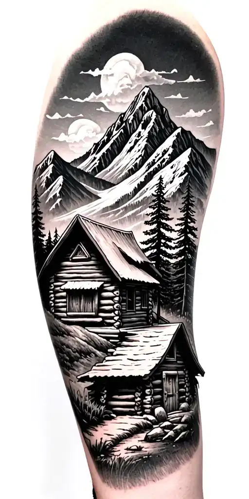 A Mountain Landscape Incorporating A Nestled Log Cabin