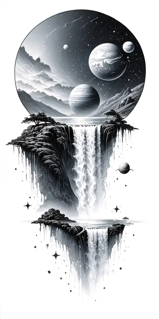 A Waterfall With Stars And Planets