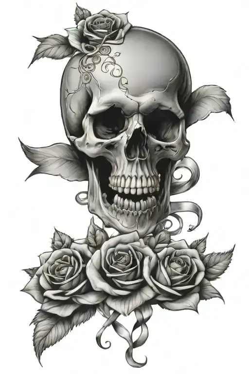 Skull With Roses Intertwined And Names On Ribbons