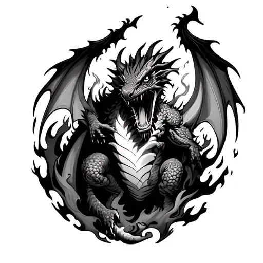 Dark Creature Surrounded In Fire Breathing Dragon