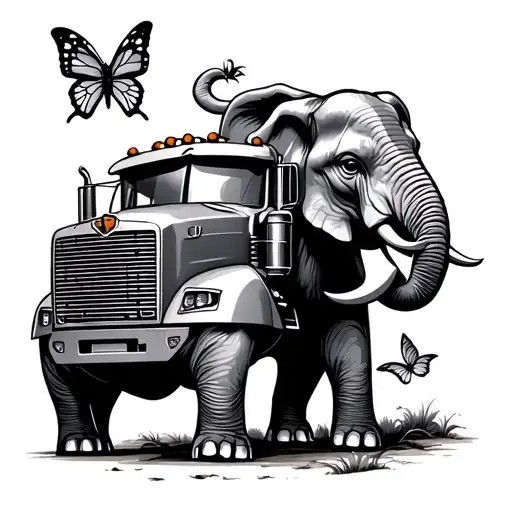 One - Line Elephant With Truck Pointing Up With A Butterfly