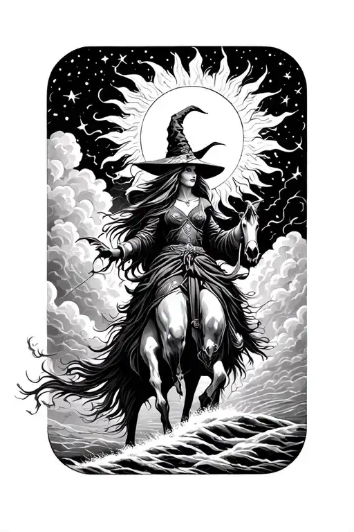 Witch Holding The Sun And Riding Apaintbrush Through A Storm