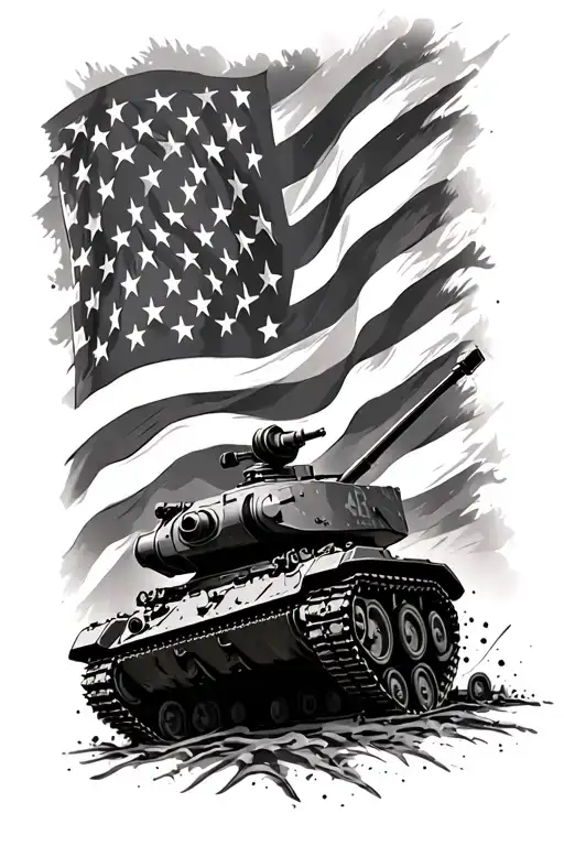 American Flag With Army Tank Surrounded