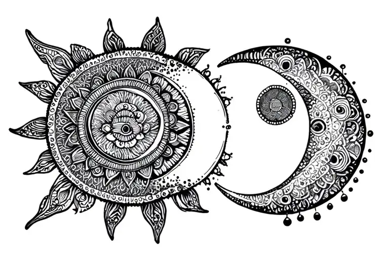 Sun And Moon With Mandala And Dot Work