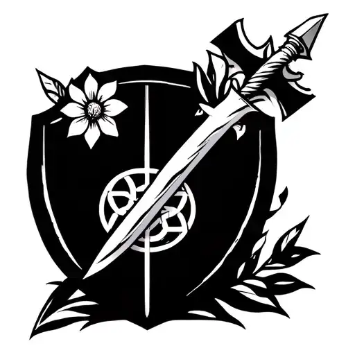 Shield With Flower Of Life On Face Cross Bolo Knife And Staff With Crystal Cross Behind Shield