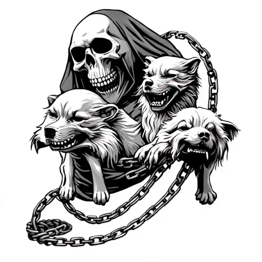 Grim Reaper Holding Cerberus By Chain