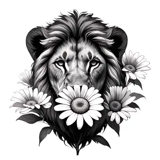 Lion Behind Daisy Flower