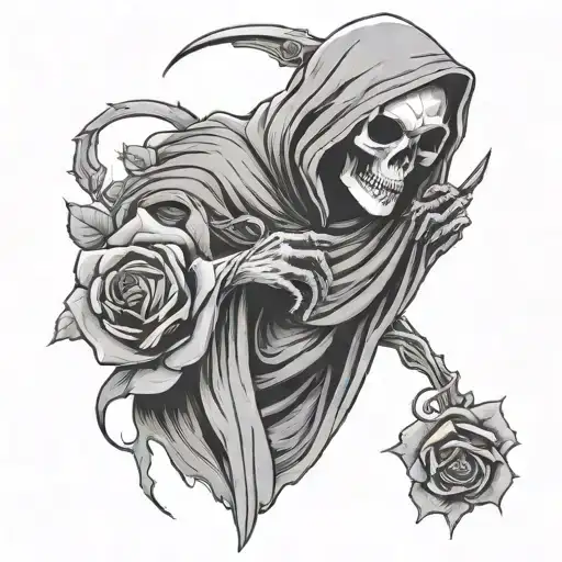 Grim Reaper Looking Sad Holding A Rose With Pettles Dropping Off