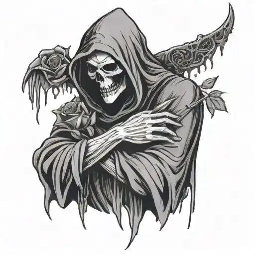 Grim Reaper Looking Sad With His Head Down Holding A Rose With Pettles Dropping Off