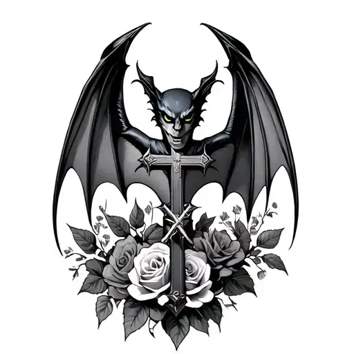 Bat With Open Wings And A Cross With Roses And Thorns