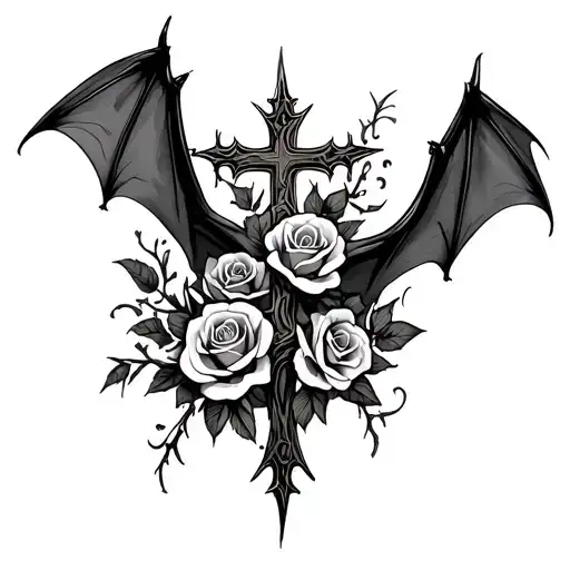 A Flying Bat Behind A Cross With Roses And Thorns