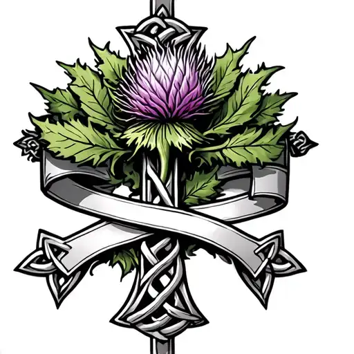 Traditional Scottish Thistle Intertwined Over A Celtic Cross With A Ribbon Curled Around It