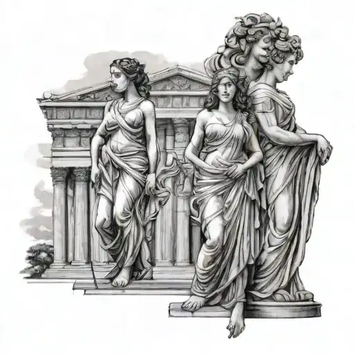 3 Greek Goddesses Standing Up With Ancient Temple In The Background