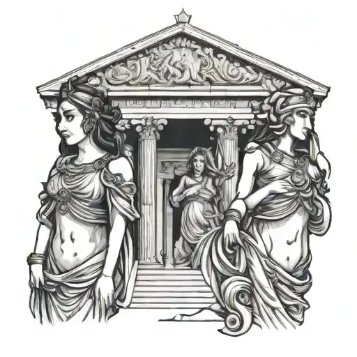 Shaded 3 Greek Goddesses Standing Up With Ancient Temple In The Background