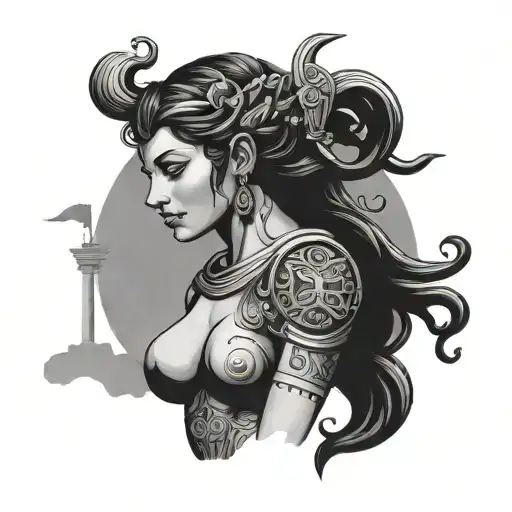 Shaded Greek Goddess Of Luck Standing Up With Ancient Temple In The Background