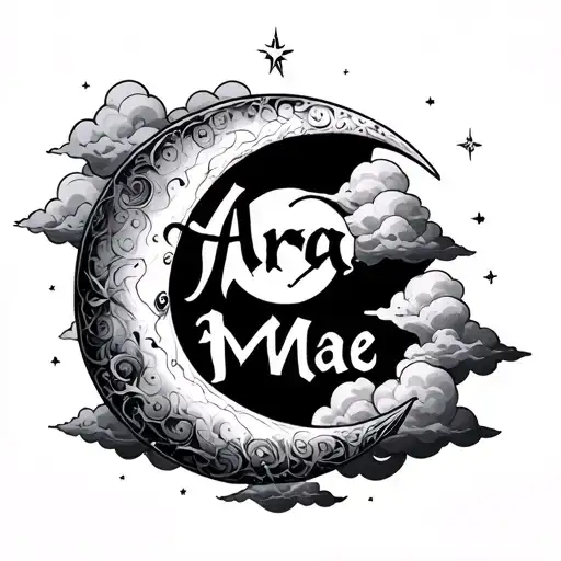 Arya Mae Written Inside Of Crescent Moon Surrounded By Clouds