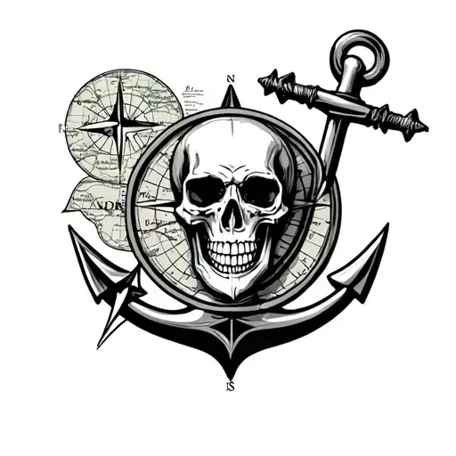 Compass Rose And Anchor With A Map And Skull