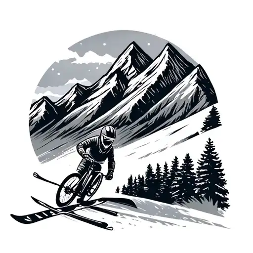Winter Mountain Range With Skier And Biker