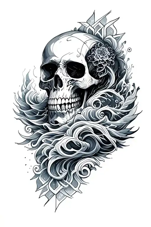 Mystical Skull Inside Sacred Geometry Mandala With Ocean Waves Incorporated