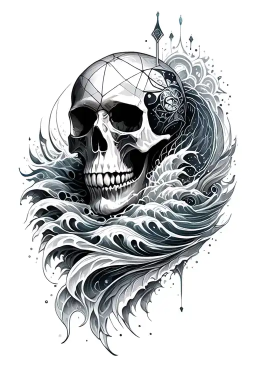 Mystical Skull Inside Sacred Geometry Mandala With Ocean Waves Incorporated