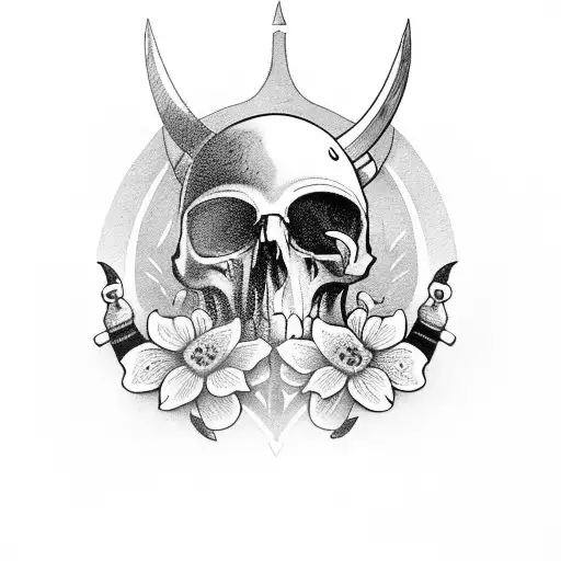 Viking Axe With Raven Skull And Viking Flowers