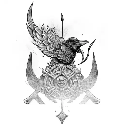 Viking Axe With Raven And Flowers