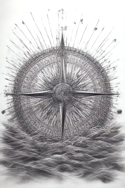 A Detailed Compass Rose Surrounded By Flowing Water And Sun Rays Representing Guidance And Strength